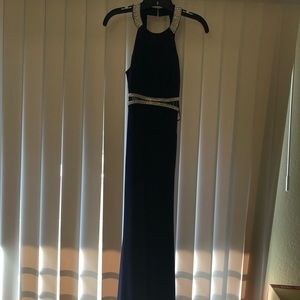 Navy blue fitted dress with mesh midsection